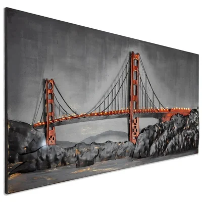 Vancy Arts Golden Gate Bridge Filo metallico Arte della parete Tavola di legno Pittura In rilievo Metallo zincato 3D Arte della parete in metallo Dropshipping